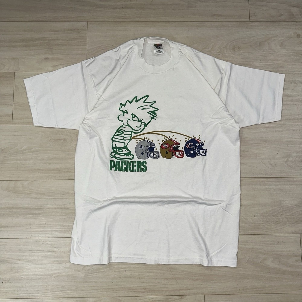 Vintage Calvin And Hobbes‎ Green Bay Packers Shirt XL Vikings Bears Peeing Humor